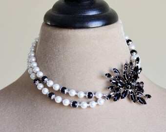 Crystal Brooch Pearl Necklace, Black White, Pearl Necklace, Double Strand Statement Necklace, Removable Brooch, Black Tie Affair