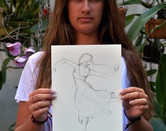 Original female drawing, pencil on paper, Female dancing, movement art, flowing drawing, modern ballerina drawing, sketch by Cristina Ripper