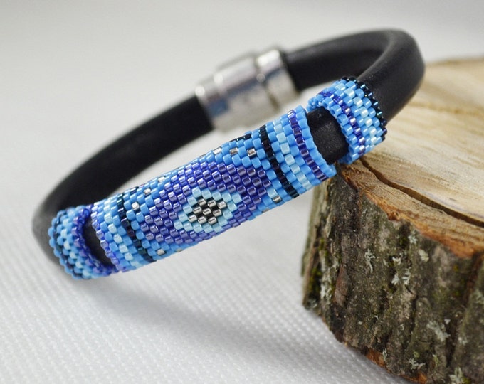 Blue Men's braided bracelet strap bracelet for men blue bracelet men leather bracelet gift for him male model seed beads bracelets bangle