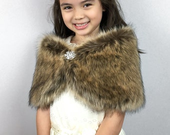 Brown Flower Girl Faux Fur Wrap, Shawl (comes with pin) (Kid Brw01)