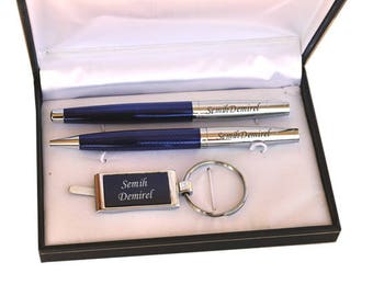 Personalized Blue Pen and Keychain Set / Custom Engraved Name