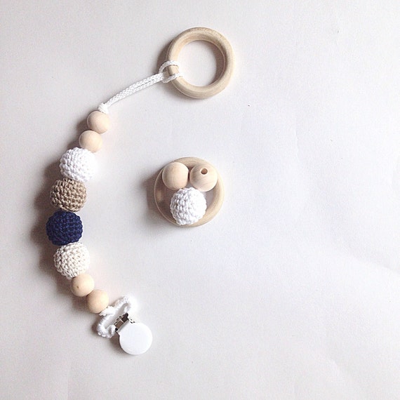 NomiLu Maritime Clip -- Crocheted Beads Pacifier Clip -- Eco-friendly pacifier clip -- crocheted wooden beads -- Baby Teether