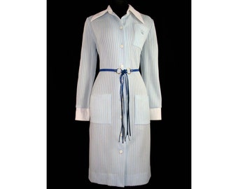 Size 12 Princess Crown Crest 1960s Powder Blue Knit Sweater Dress - Original Cobalt Belt - 60s Deadstock with Tag - Bust 38.5 - 41211-1