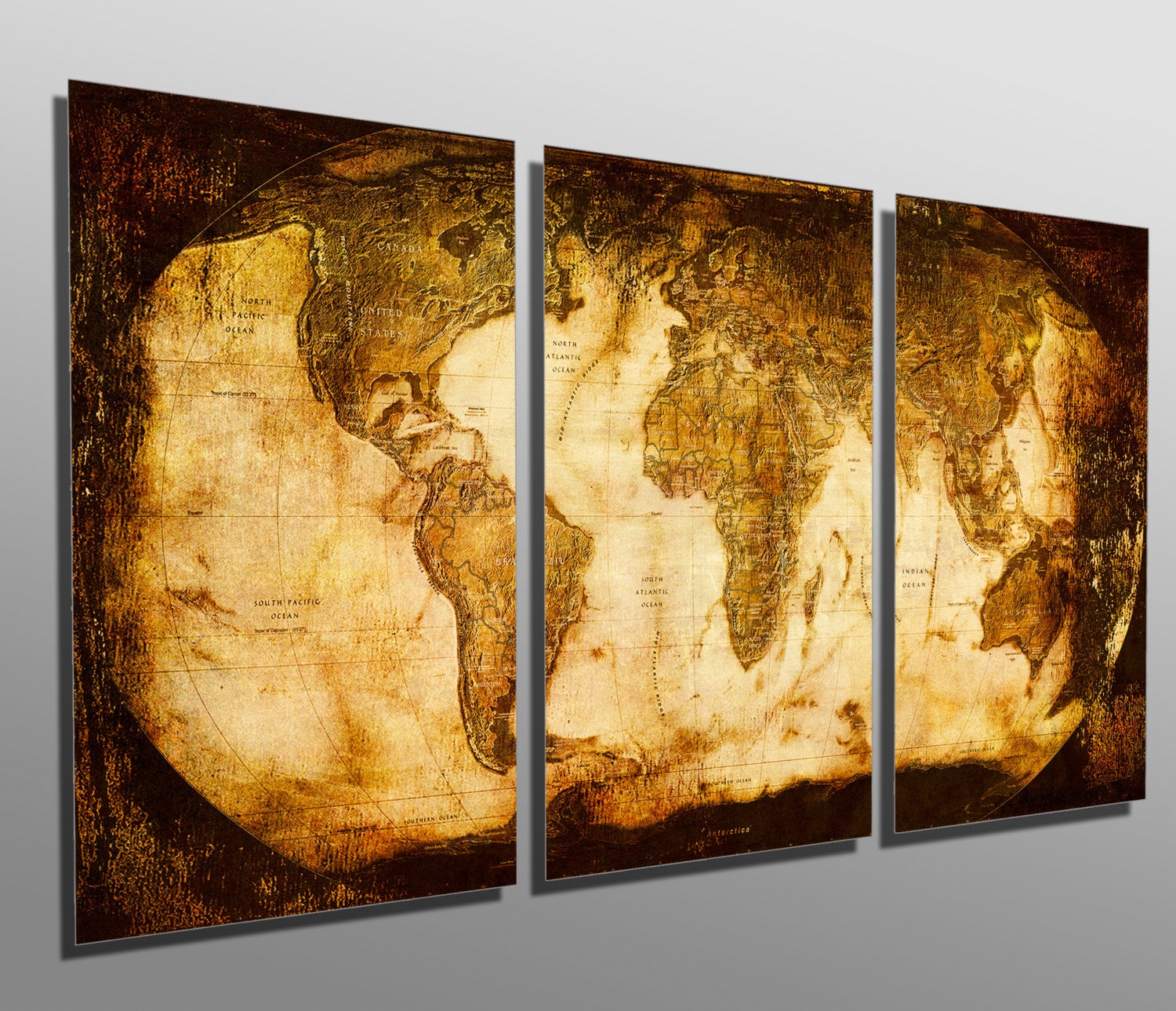 Metal Prints - Rustic World Map - 3 Panel split (Triptych) - Multi Panel Metal wall art HD aluminum prints for home decor & interior design. Metal Prints - Rustic World Map - 3 Panel split (Triptych) - Multi Panel Metal wall art HD aluminum prints for home decor & interior design.