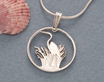 Sterling Silver Blue Heron Pendant and Necklace, Hand Cut Blue Heron Coin Jewelry Pendant, 3/4" in Diameter, ( # 231S )