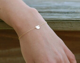 Dainty Heart Bracelet, Personalized Initial Bracelet, Flower Girl Gift, Childs Bracelet, Stacking Bracelet, 14k GF, RG, S/S