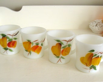 Fire King Gay Fad D Handle Mugs Set of 4, Fruit, Coffee Cup, Epsteam. Peaches, Pears