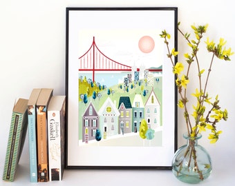 San Francisco Art Print, San Francisco illustration, San Fran print, California Cityscape, Home Decor, Gift for her, Gift for Mum