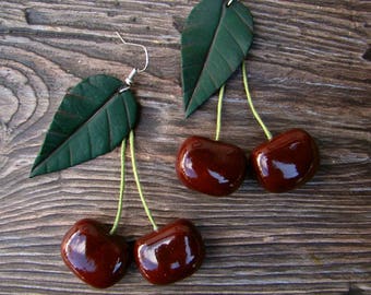 Earrings Black Cherry Red earrings jewelry Cherry earrings Handmade, vintage Cherry red earrings dangle Cherries Fruit earrings