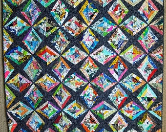 Scrappy patchwork lap quilt, contemporary modern scrap pieced quilt, quilted sofa throw, colorful quilt, FREE SHIPPING, quiltsy handmade