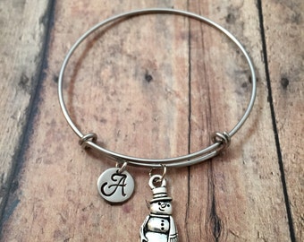 Snowman initial bangle - Christmas bracelet, snowman jewelry, holiday jewelry, Christmas bangle, winter jewelry, silver snowman bracelet