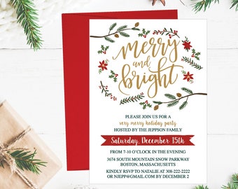 Christmas Party Invitation Template, Rustic Winter Wreath and Gold Printable Invite, Editable Text Instant Download DIY Holiday Invite PDF