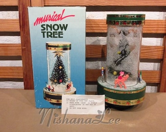 Vintage Musical Bottle Brush Christmas Tree Wind Up with Falling Snow