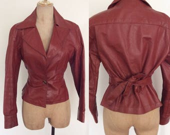 1970's Warm Brown Cropped Fitted Leather Jacket w/ Waist Belt Peplum Vintage Jacket Size Small Medium by Maeberry Vintage