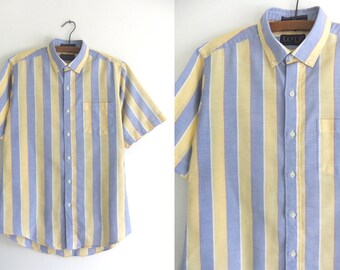 LEVIS Pastel Striped Oxford Shirt Big E 80s Preppy style Button Down Shirt Minimalist Chic Short Sleeve Fitted Shirt Vintage Mens Medium
