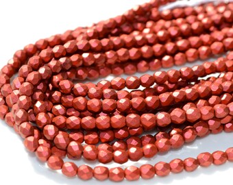 Red Lava 4mm Faceted Fire Polish ROund Beads 50