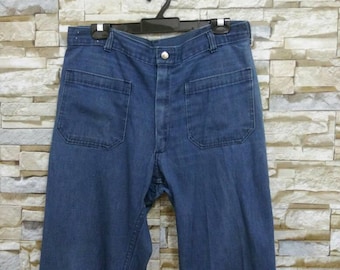 Vintage 60's Navy Denim Jeans Navdungaree Southern Apparel Company Navy Sailor Russell Bell Bottom Jeans Usa W33