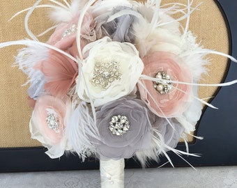 Bridal brooch bouquet, Wedding bouquet, Feather bouquet, Fabric flower Bridal bouquet, Vintage bouquet, Blush & Gray bouquet, MANY COLORS