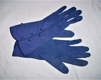 Vintage 60s Blue Cotton Blend Gloves S Forearm Length As Is