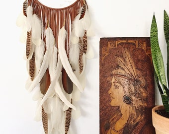 Brown Leather Dream Catcher w/ Quartz Crystals 10" x 33". Handmade. Wall hanging.