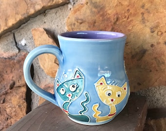 Slip Trailed Blue cat mug wheel thrown pottery