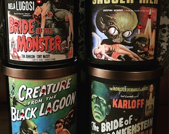 2 Classic Horror Movie Black Glass Soy Candles Scented Candles Monster Movies Halloween Decor Home Decor Birthday Gift Ideas Pick Two
