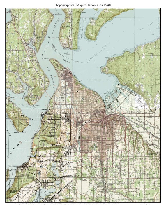 Tacoma ca. 1940 USGS Old Topographic Map Custom