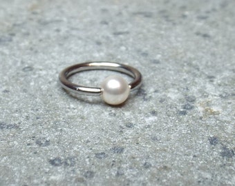 White Swarovski Pearl Cartilage Hoop Earring Captive Bead Ring Nose Ring Surgical Steel 16 gauge