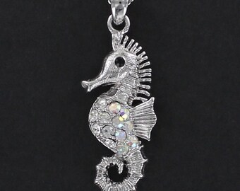 SEA HORSE Necklace with Clear Rhinestones - Pewter Charm on a FREE Plated Chain