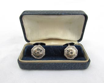 Vintage 30s-40s octagon S&C cuff links, silver tone, double hinged in original box