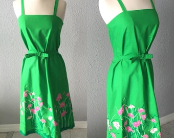 1970's Malia of Honolulu Green and Hot Pink Floral Preppy Dress