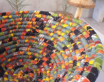 Coiled Fabric Basket - Catchall, Organizer, Handmade by Me, Black, Slate Blue, Yellow, Orange