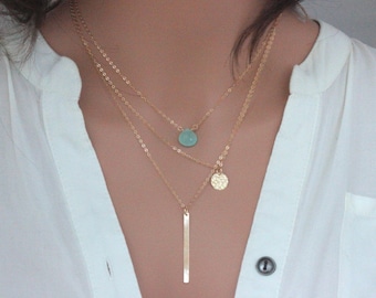 layered necklace , Gold Tripal Layered Bar/Disc/Gemstone , Three Layering Necklace Set , Gold Layering Necklace Set , Gold Layering Necklace