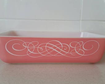 Vintage Pyrex Pink Scroll space saver oblong casserole dish