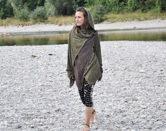 Cardigan, Wrap Jacket (two-ply) with Large Hood and Thumbholes ~ olive green - brown