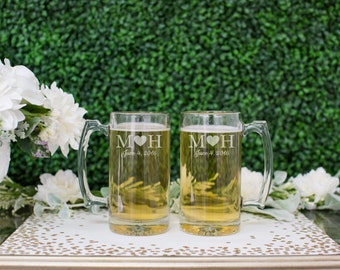 Personalized Beer Mug Set - (Set of TWO) Custom Engraved Beer Glass 12oz - Personalized Wedding Gift - Anniversary Present - Engagement Gift