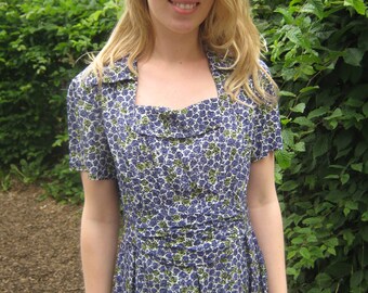Vintage summer dress, roses in blue/green
