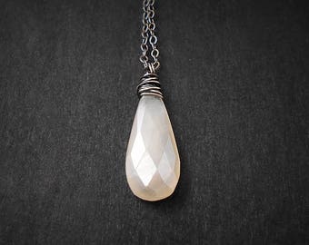 Mystic Pearl Chalcedony Gemstone Pendant Oxidized Sterling Silver Wire Wrapped Teardrop Pendant White Ivory Cream Gemstone Teardrop Necklace
