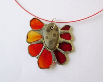 SALE - Red Lake - Bright Stained Glass Pendant with Fossil Centerpiece