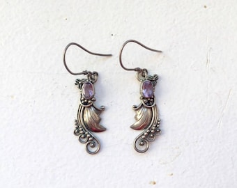 Vintage 90s Boho Sterling Silver Amethyst Dangle Native American Earrings