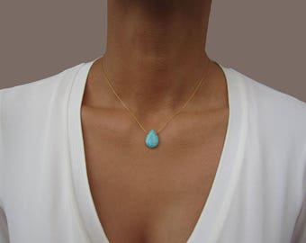 Turquoise Necklace, 14k Gold Fill, Sterling Silver, Drop Necklace Gold, Teardrop Pendant, Bridesmaid Gift, Thin Gold Chain, Gift for Maids