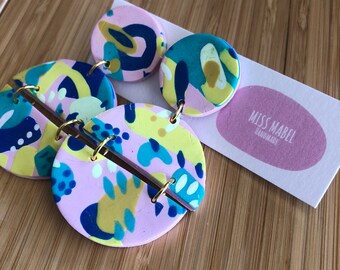 Art dangle earrings pink, mustard, blue
