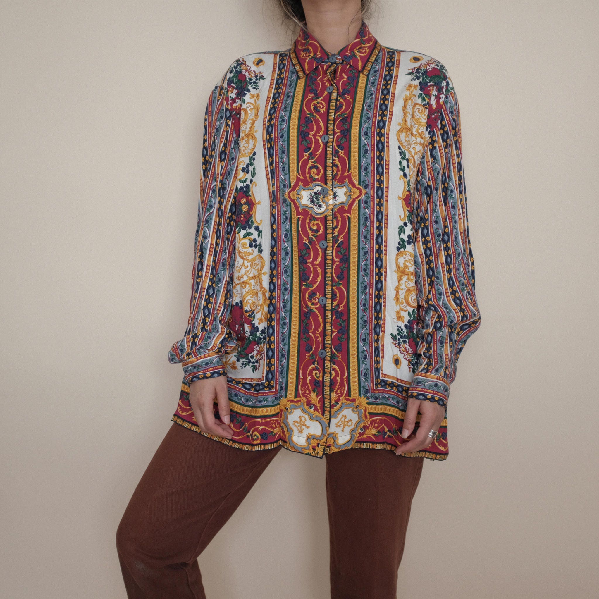80s Multicolor Abstract Shirt All Over Print Blouse