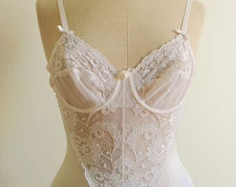 80s white bodysuit with tulle and laces bodice