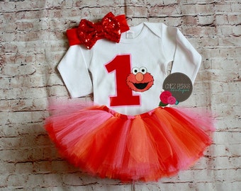 Elmo Birthday outfit- with shirt and headband and tutu, elmo birthday party ,Custom Birthday Elmo Shirt