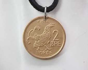 Norway Coin Necklace, 2 Ore, Bird Pendant, Coin Pendant, Leather Cord, Men's Necklace, Women's Necklace, 1964