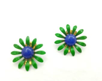 Enamel Kelly Green and YBlue Flower Clip Earrings Retro Groovy Shabby Chic