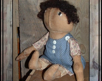 Primitive hand embroidered rag doll wool hair blue HAFAIR faap OFG HAGUILD