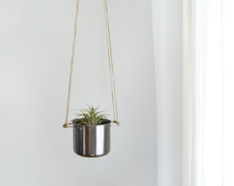 Stainless Steel Hanging Planter / Vintage Metallic Silver Pot and Raw Jute Twine / Air Plant and Succulent / Modern & Minimalist Home Decor