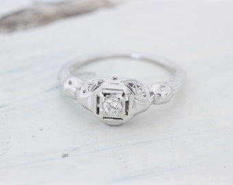 Art Deco Engagement Ring | Antique Diamond Ring | 14k White Gold Wedding Ring | Flower Blossom Ring | Filigree Promise Ring | Size 6